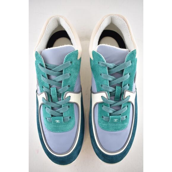 Chanel 19K Mens Green Grey Teal Blue White CC Logo Low Top Trainer Sneaker 44 11 - Picture 8 of 12